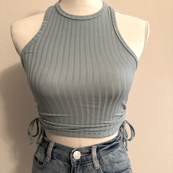 Tops - Blue High Neck Ribbed Draw String Ruched Sides Size Small